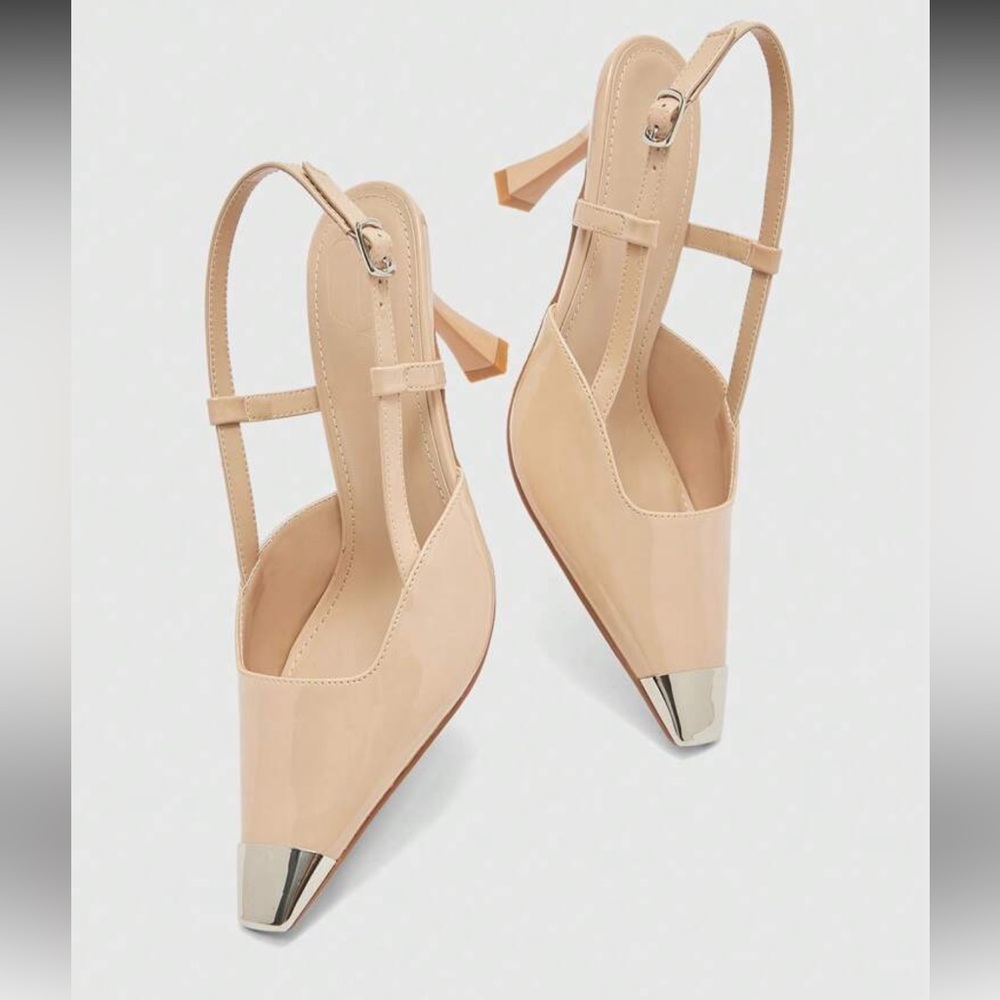 Cream beige heels with silver cap toe detail - Picture 5 of 8